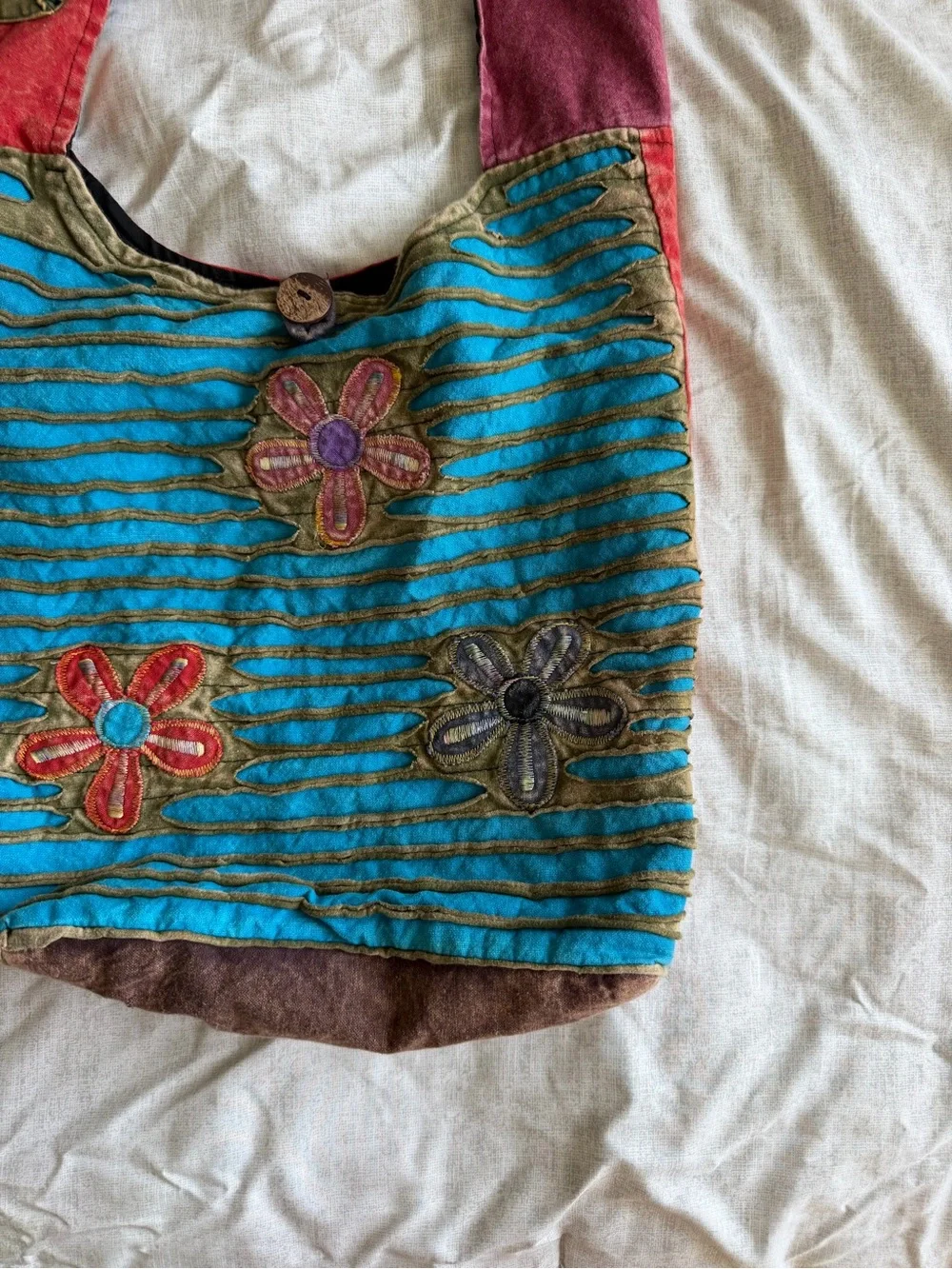 Boho Hippie Floral Cutout Patchwork Shoulder Bag w/ Zippers (OS)